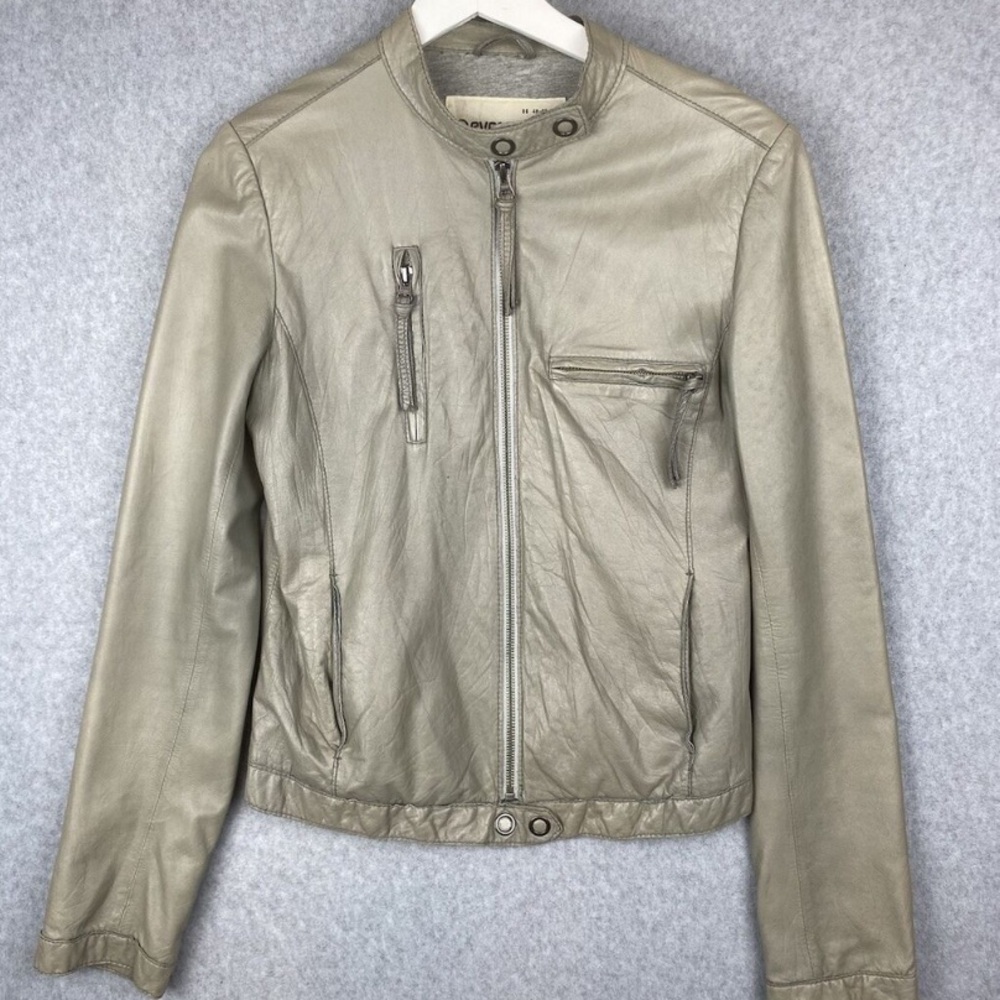 Leather fitted soft grey bomber jacket - Medium